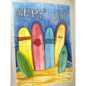 "Surf's Up" Garden Flag Sleeved 27"x38" Toland Colorful Surfboards In The Sand